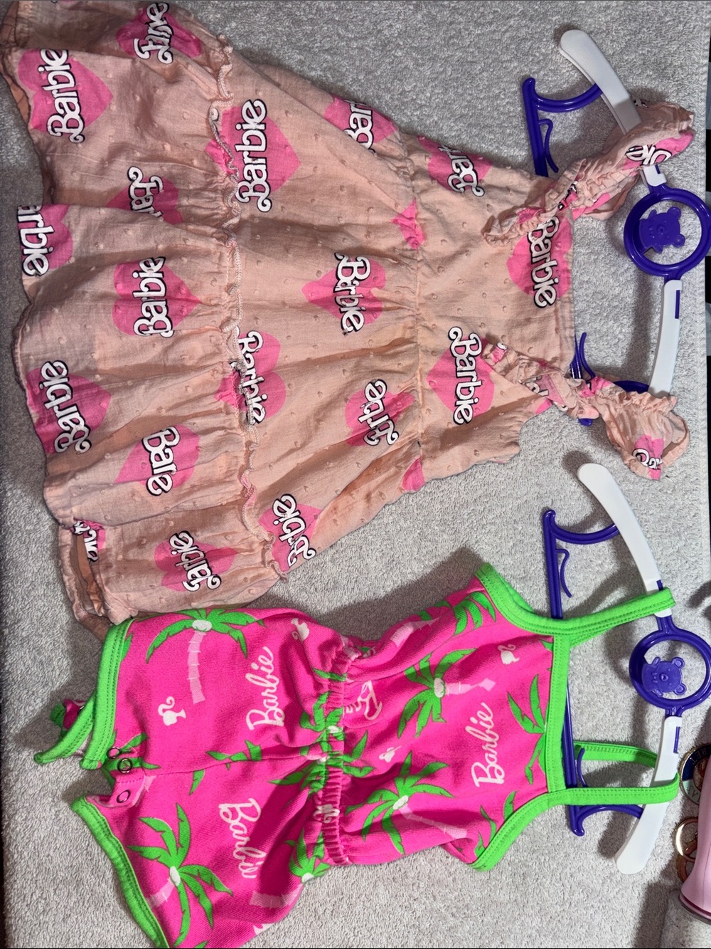 Barbie Pink Peach Heart Print Dress with Neon Pink & Green Palm Romper
